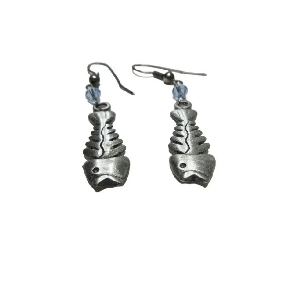 Silver Fishbone Drop Dangle Hook Earrings